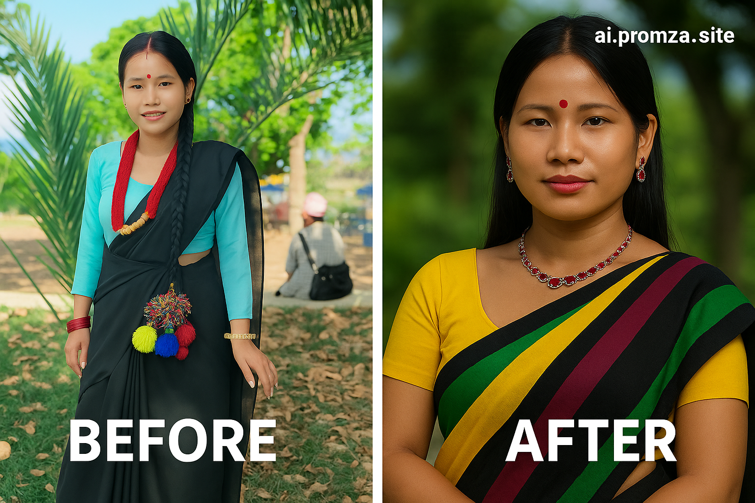 Ultra-Realistic HD Portrait of Woman in Yellow, Sobuj, Magenta & Black Striped Saree